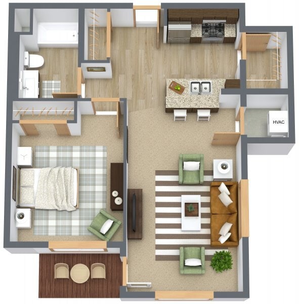 Floor Plan - 1 Bedroom/1 Bath Apartment/Pantry Building B