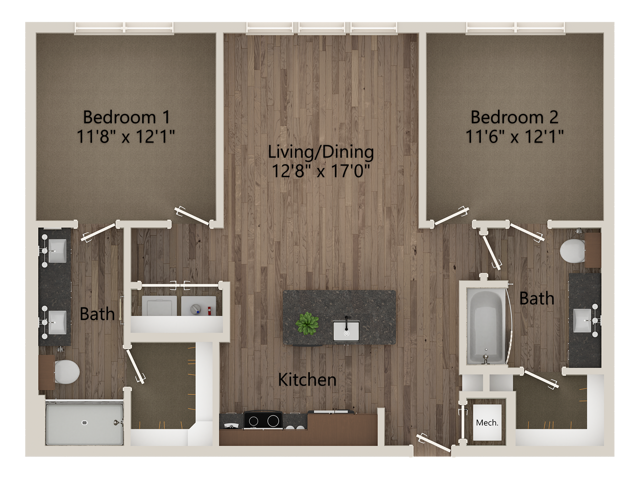 B1A 2 Bedroom 2 Bathroom 999 sq ft - B1A