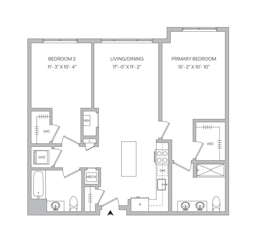 Floor Plan - B08 - 2BR 2BA (1077 SF)