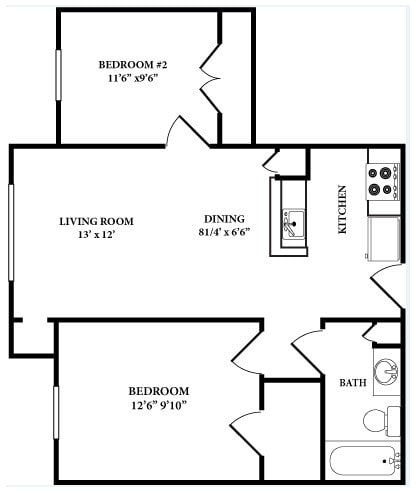 Floor Plan - Two Bedroom One Bathroom 60%