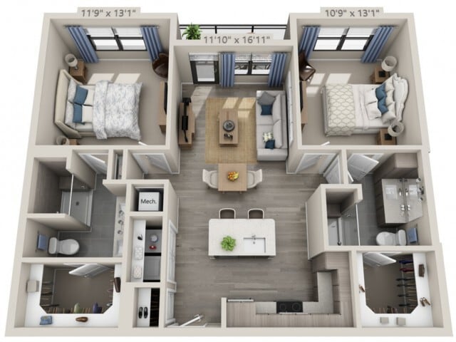 Floor plans are artist’s rendering. All dimensions are approximate. Actual product and specifications may vary in dimension or detail. Not all features are available in every apartment. Prices and availability are subject to change. - B1
