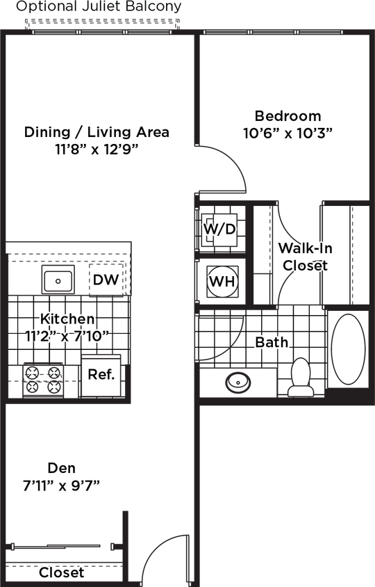 Floor Plan - 1 Bedroom 1 Bath + Den - AD3 Affordable 80%
