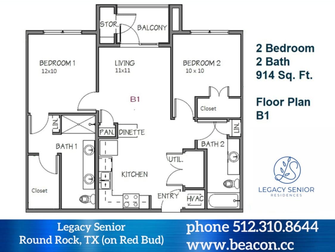 Floor Plan - 2x2 B1 (914 SF)