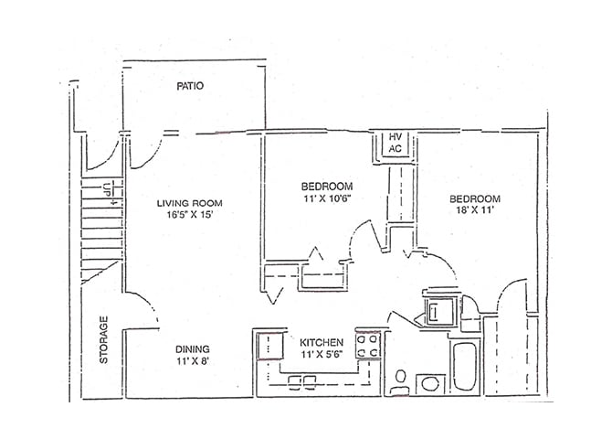 Floor Plan - J1, J2, K1, K2 - 2 Bedroom, 1 Bath Townhome
