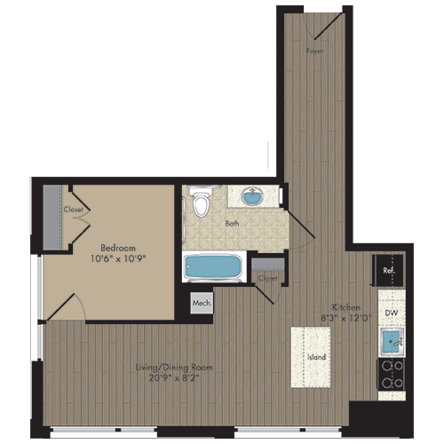 Floor Plan - 1 Bed/1 Bath 1.1a - 50%