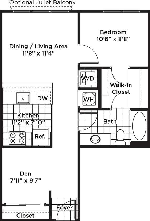 Floor Plan - 1 Bedroom 1 Bath + Den - AD1 Affordable 80%
