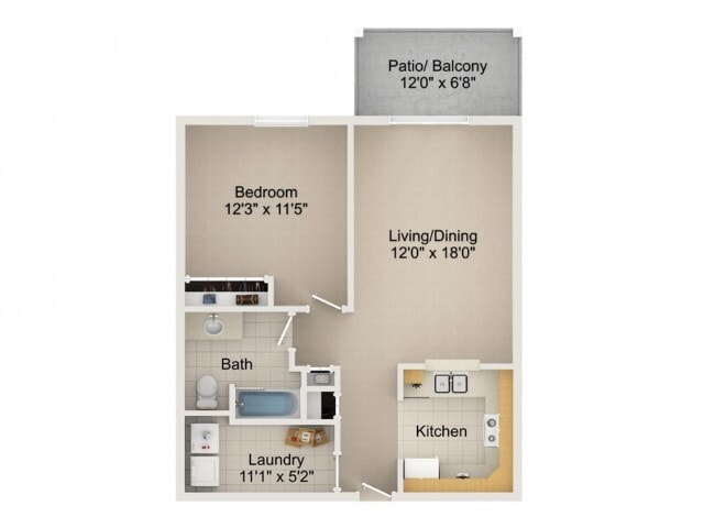 1 Bed 1 Bath Style A - Floor plan F1, ,H