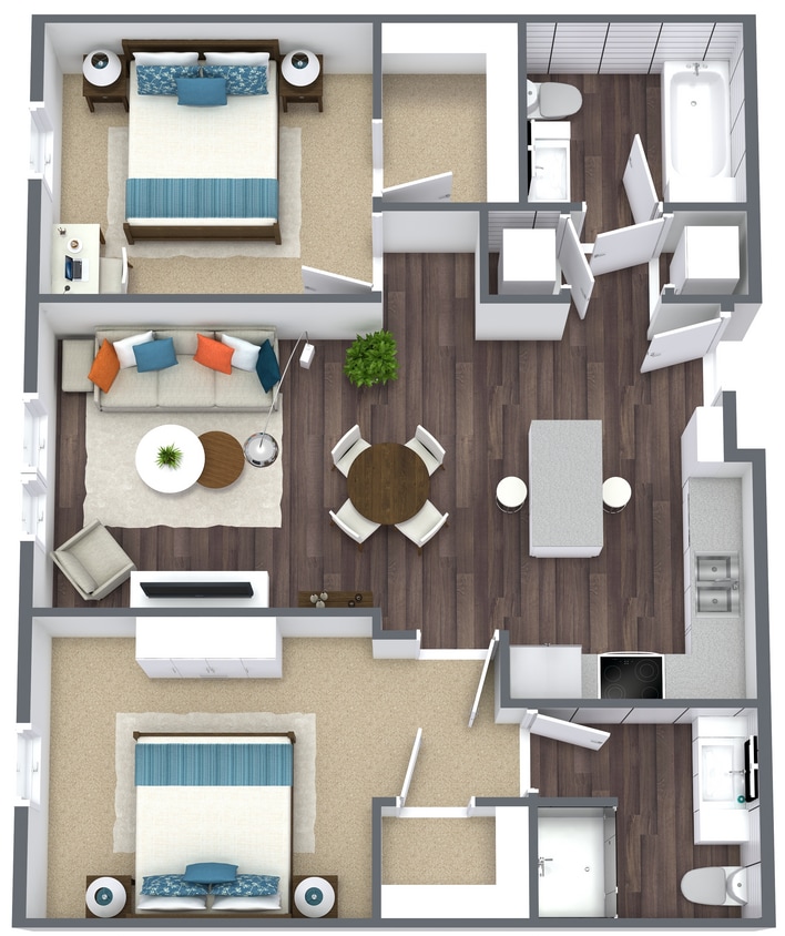 Marcis Pointe - 2 bedroom - Level 1 - 3D Floor Plan.png - Two Bed\Two Bath