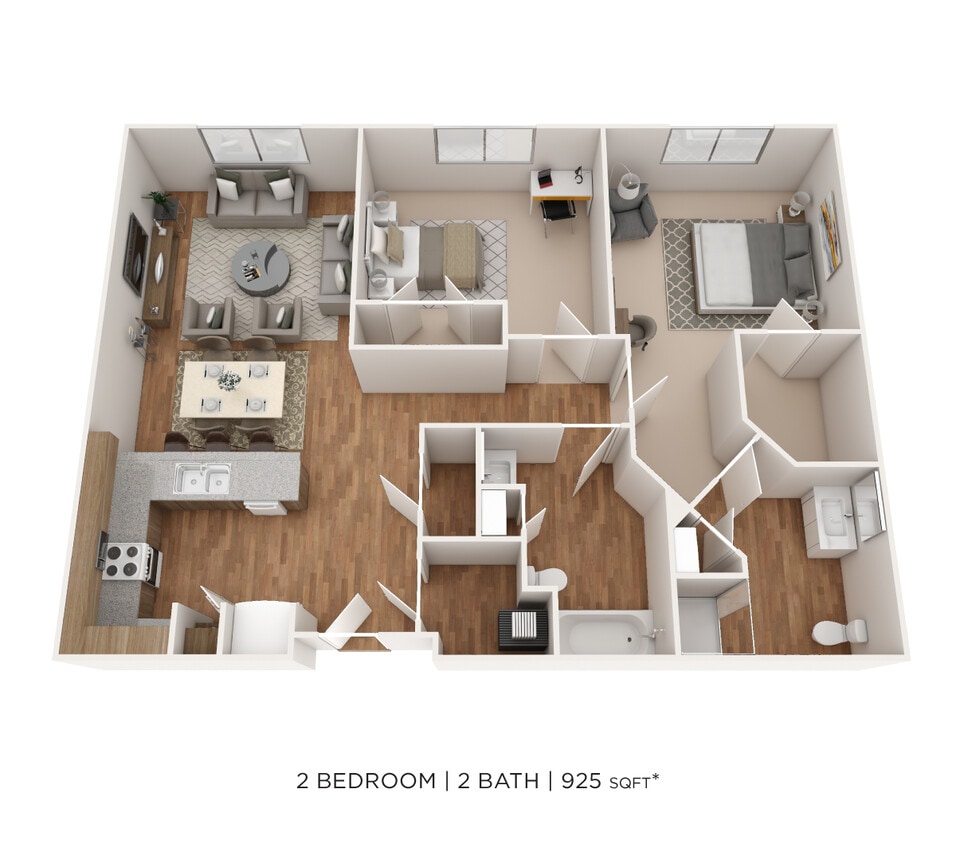 Floor Plan - Two Bedroom 2 Bath- 925 sqft