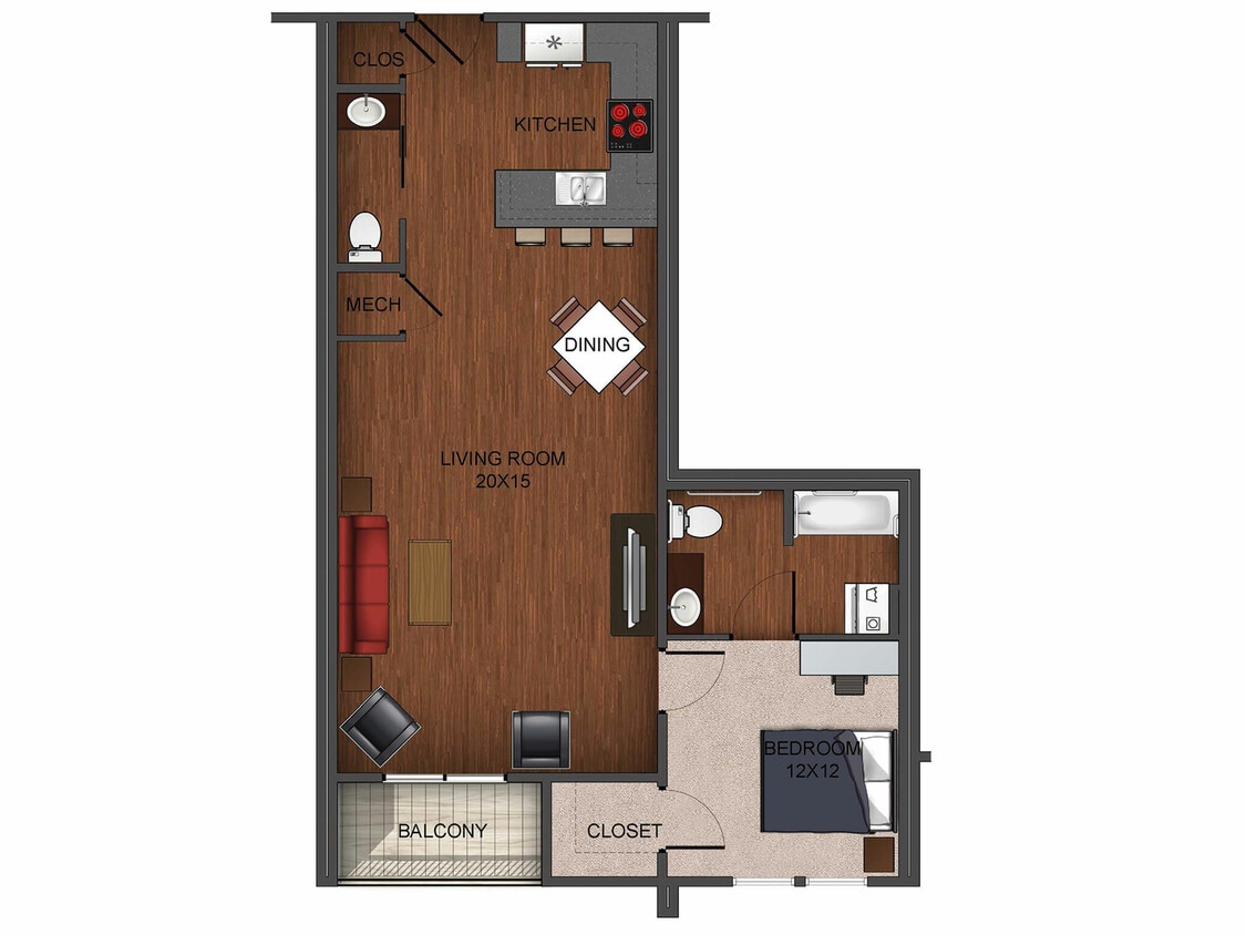 floor plan image of one bedroom apartment home at Township 28 - 1 Bedroom Deluxe