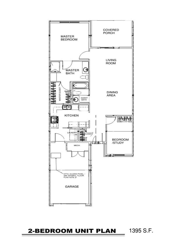 Floor Plan - 2 Bed, 2 Bath, 1 Car Garage