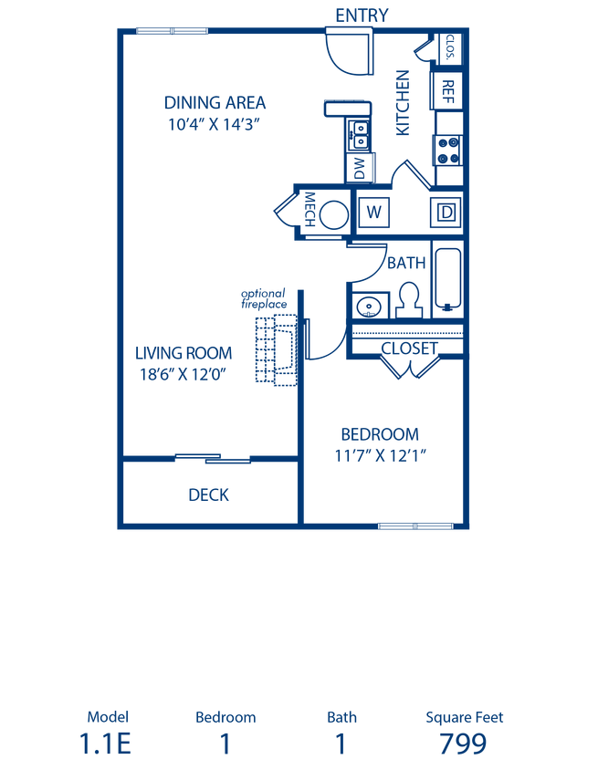 Floor Plan - 1BR 1BA 799 sqft