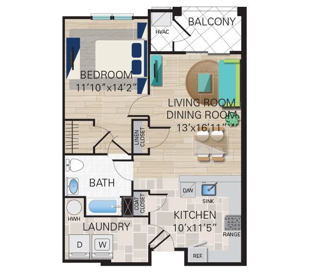Floor Plan - 1 Bed 1 Bath (A2)