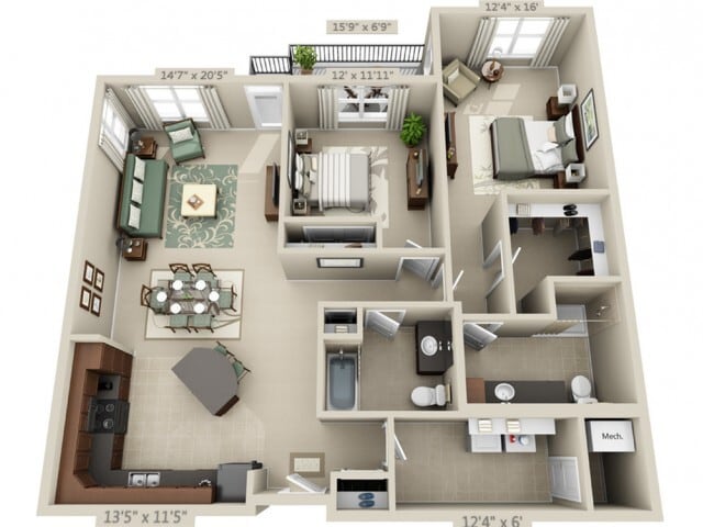 Floor plans are artist’s rendering. All dimensions are approximate. Actual product and specifications may vary in dimension or detail. Not all features are available in every apartment. Prices and availability are subject to change. - Mezzo