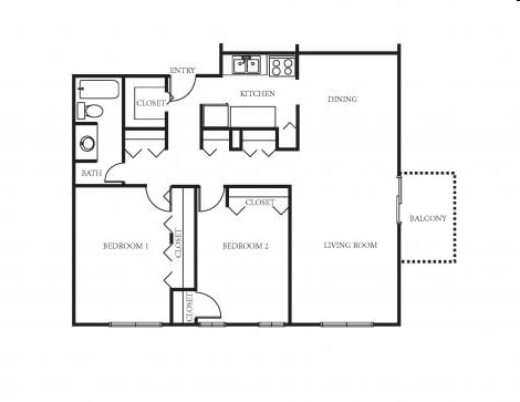 2BR/1BA 1035 - 2 Bedroom 1 Bath Floor Plan
