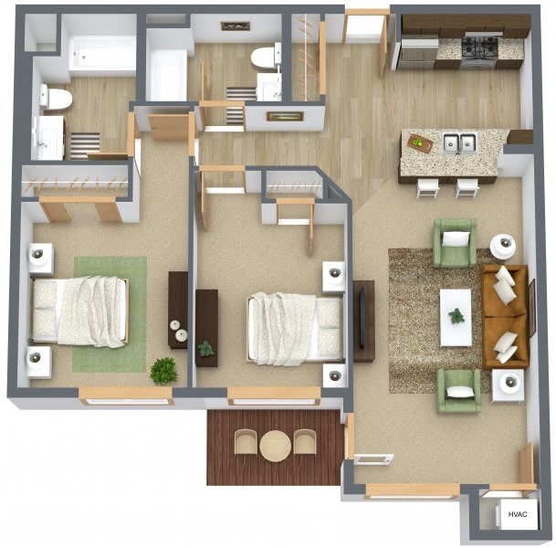 Floor Plan - 2 Bedroom/2 Bath Apartment (Building B)