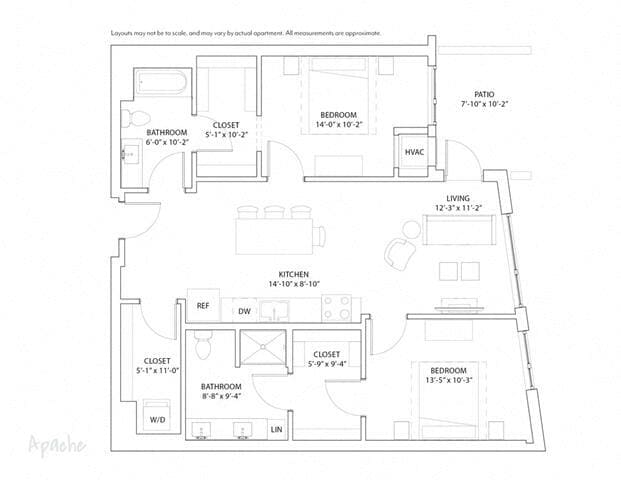 Floor Plan - 2 Bed 2 Bath Apache