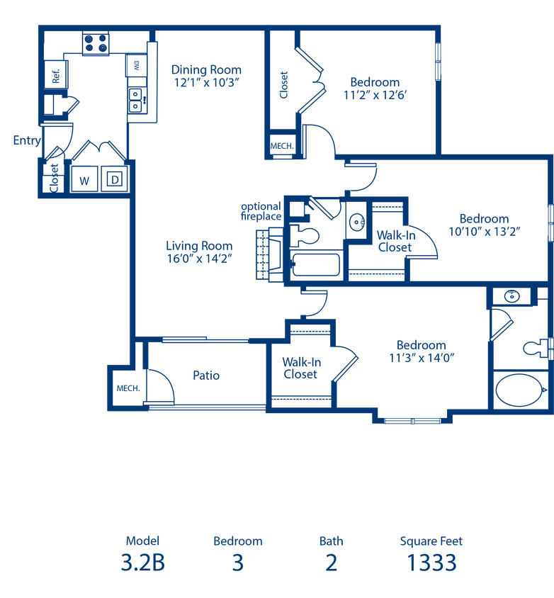 Floor Plan - 3BR 2BA 1333 Sqft Income Restricted