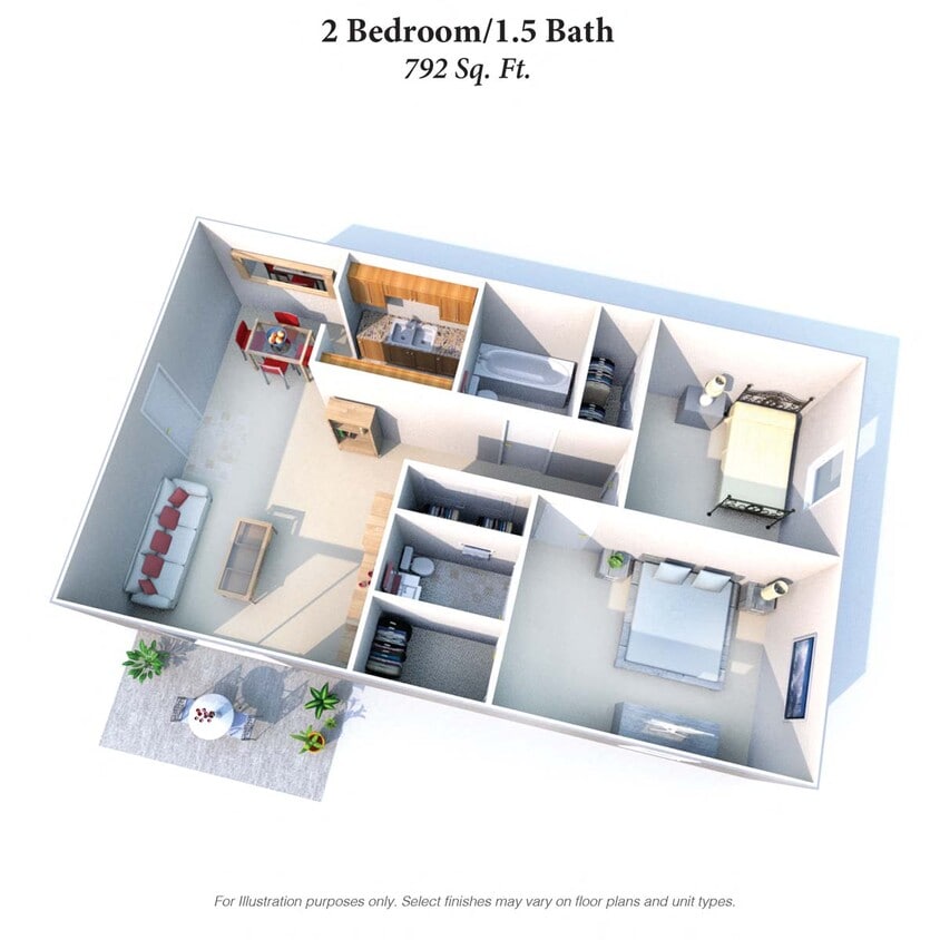 Floor Plan - 2 Bedrooms 1.5 Baths - 792SqFt