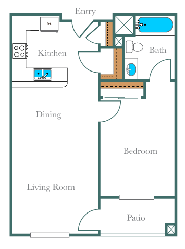 2D One-bedroom Floor Plan - 1x1