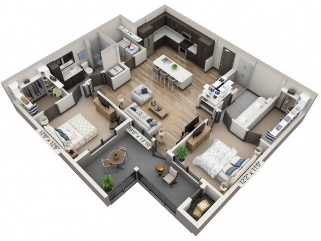 Floor plans are artist’s rendering. All dimensions are approximate. Actual product and specifications may vary in dimension or detail. Not all features are available in every apartment. Prices and availability are subject to change. - B3B