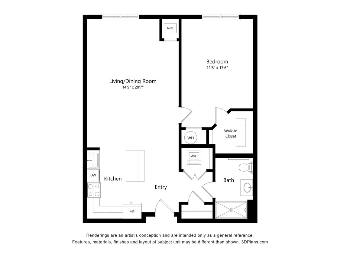 Floor Plan - A3-UF-One Bed, One Bath