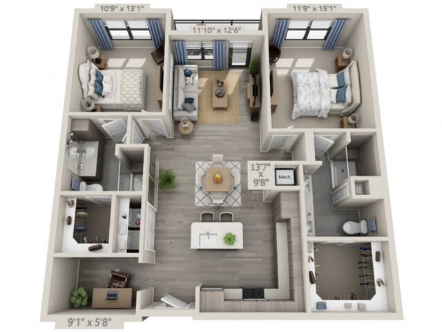 Floor plans are artist’s rendering. All dimensions are approximate. Actual product and specifications may vary in dimension or detail. Not all features are available in every apartment. Prices and availability are subject to change. - B5