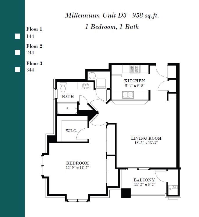 Floor Plan - Millennium 1 Bed 1 Bath D3