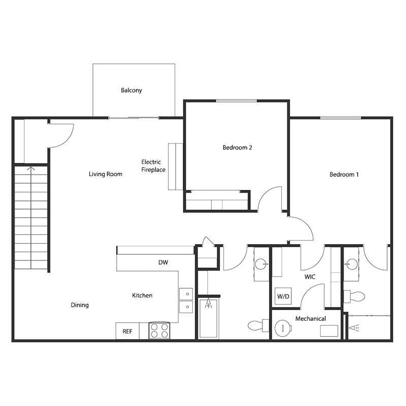 Floor Plan - 2 BED 2 BATH UPPER