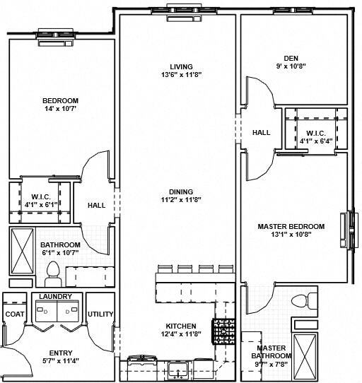 Floor Plan - 21 - 2 Bed, 2 Bath, 1 Den