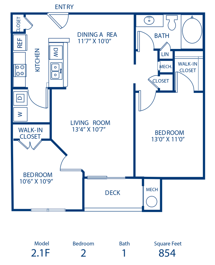 Floor Plan - 2BR 1BA 854 sqft